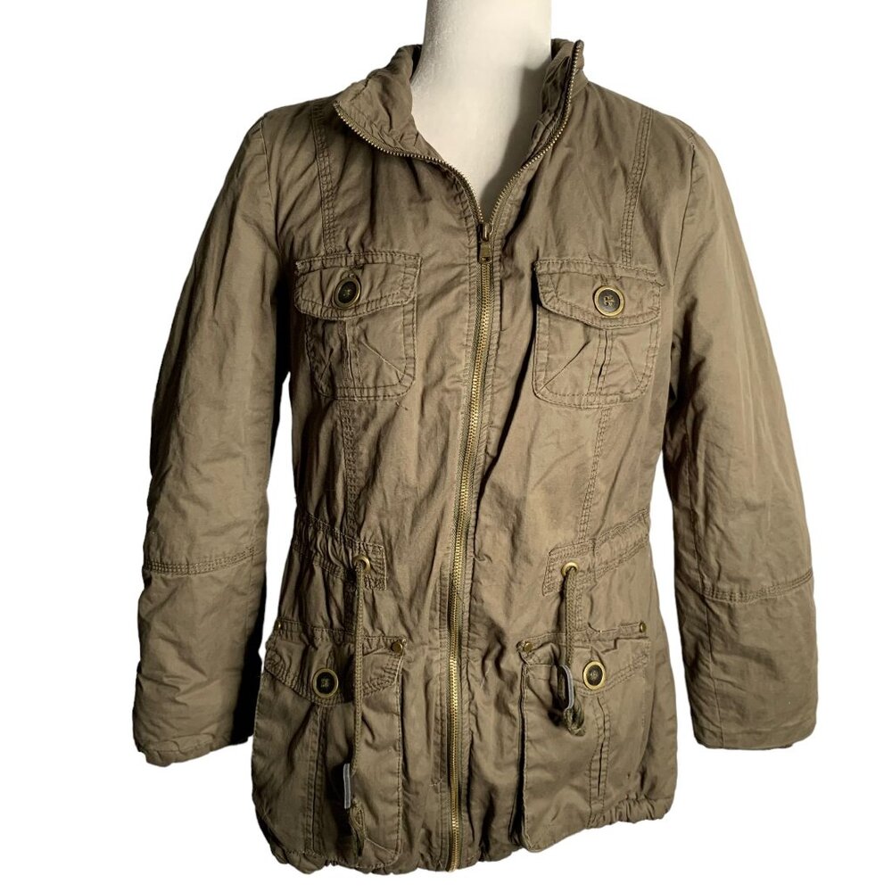 Royalty Sherpa Lined Utility Jacket M Petite Army Green Zip Pockets Cinch Waist